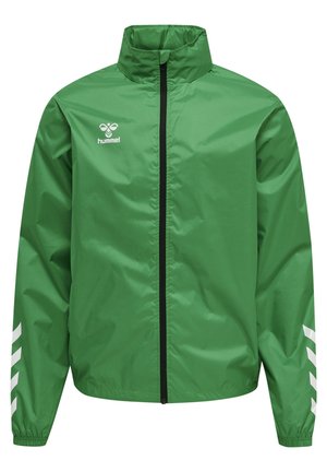 Groene lichte jas met een hoge kraag, volledige rits en elastische manchetten. Heeft witte diagonale strepen op de mouwen en een logo op de borst.
