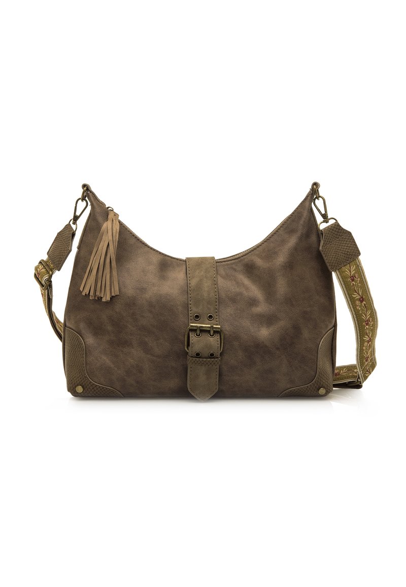 Braune Leder-Schultertasche mit strukturierten Akzenten, einem auffälligen Tragegurt mit floraler Stickerei und einem dekorativen Quastenanhänger an der Seite.