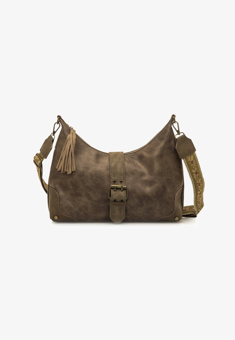 Braune Leder-Schultertasche mit strukturierten Akzenten, einem auffälligen Tragegurt mit floraler Stickerei und einem dekorativen Quastenanhänger an der Seite.