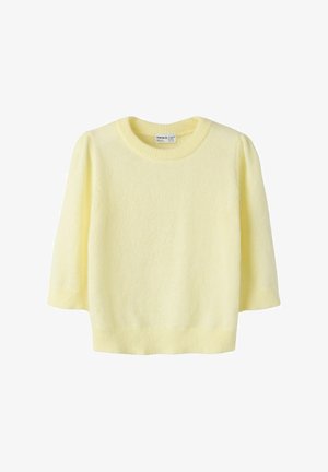 Pull en maille jaune doux avec manches longues, col rond côtelé, poignets et ourlet, présenté sur fond blanc.