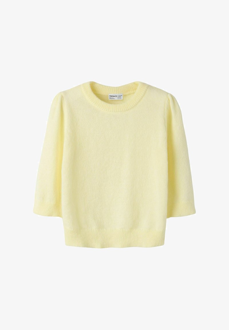 Pull en maille jaune doux avec manches longues, col rond côtelé, poignets et ourlet, présenté sur fond blanc.