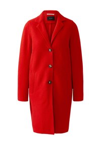 Red wool coat with a collar, single-breasted button closure, two front pockets, and a textured fabric finish.