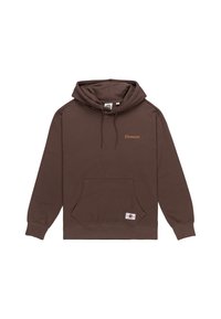 Hoodie marron en tissu doux, avec une poche kangourou, un capuchon avec cordon de serrage, et un petit logo "Element" en orange sur la poitrine.