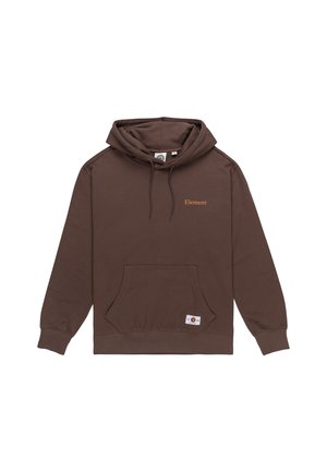 Brown hoodie made of soft fabric, featuring a kangaroo pocket, drawstring hood, and small "Element" logo in orange at the chest.