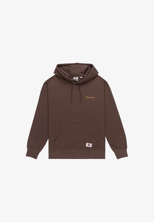 Brown hoodie made of soft fabric, featuring a kangaroo pocket, drawstring hood, and small "Element" logo in orange at the chest.