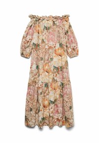 Robe à épaules dénudées avec des manches bouffantes, présentant une base beige et des motifs floraux colorés en rose, jaune et vert. Design en étages.