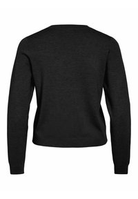 Zwarte trui met lange mouwen en ronde hals, met geribbelde manchetten en zoom, gezien van achteren tegen een witte achtergrond.