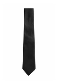 Cravate noire texturée avec une forme étroite et une pointe acérée. Le tissu présente un motif subtil, offrant une apparence lisse et soignée.