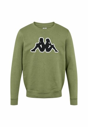 Olive green sweatshirt with a crew neck, featuring a black and white silhouette graphic of two seated figures on the front. Soft texture.