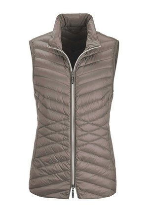 Gilet isolé gris avec un col haut, doté d'une fermeture éclair sur le devant et d'un motif matelassé diagonal. Le tissu semble lisse et léger.