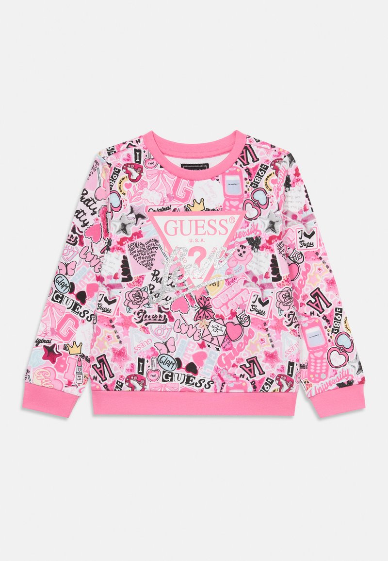 Felpa rosa con un mix di motivi colorati, icone e grafiche, con un logo bianco centrale e polsini e orlo a costine.