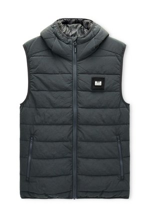 Antracito spalvos pūkų liemenė su aukšta apykakle, priekiniais užtrauktukais ir dviem šoninėmis kišenėmis. Pasižymi subtiliu tekstūruotu audiniu ir logotipu.