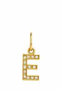 Charm de metal en tono dorado con forma de la letra "E", decorado con cristales transparentes y que cuenta con un pequeño bucle para su sujeción.
