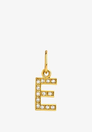 Charm de metal en tono dorado con forma de la letra "E", decorado con cristales transparentes y que cuenta con un pequeño bucle para su sujeción.