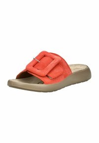 Orange suede slide sandal with a wide strap featuring a square buckle, complemented by a beige rubber sole for comfort and flexibility.