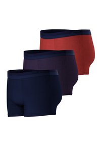 Trois paires de boxers pour hommes : une rouge unie, une marine unie et une marine avec un motif géométrique. Tous disposent d'une taille élastique navy.