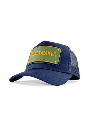 Donkerblauwe pet met een gebogen klep, voorzien van een grote groene patch met het label "MONEYMAKER" in oranje, en gaaspanelen aan de achterkant.