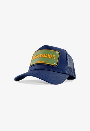 Navy blue cap with a curved brim, featuring a large green patch labeled "MONEYMAKER" in orange, and mesh panels on the back.