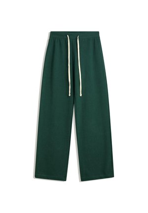 Donkergroene, brede sweatpants van zachte stof met een drawstring taille en contrasterende beige koorden. Geen zichtbare patronen of accenten.