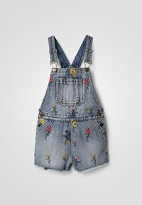 Džínové šortky s overalovým střihem v modré prané barvě, se světlou barevnou výšivkou květin. Nastavitelné popruhy, přední a boční kapsy, neopracované okraje.