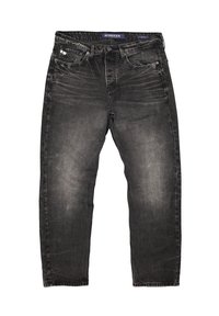 Schwarze, ausgewaschene Jeans aus Denim mit Fronttaschen, Gürtelschlaufen, knöpfbarem Hosenbund und einem "Butcher of Blue"-Etikett an der Innenseite des Hosenbunds.