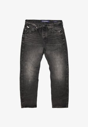 Schwarze, ausgewaschene Jeans aus Denim mit Fronttaschen, Gürtelschlaufen, knöpfbarem Hosenbund und einem "Butcher of Blue"-Etikett an der Innenseite des Hosenbunds.