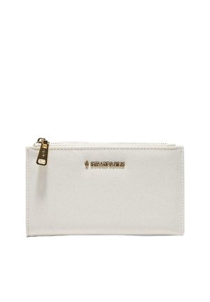 Hvid rektangulær pung med tekstureret overflade, gyldent lynlås og lille gyldent "Stradivarius" logo foran.