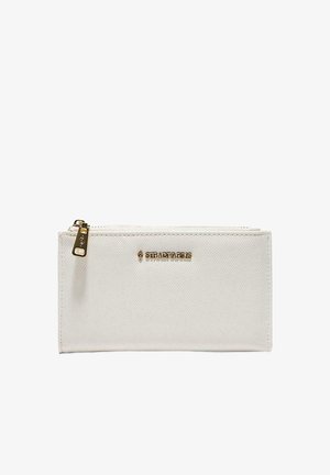 White rectangular wallet with textured surface, gold zipper and small gold "Stradivarius" logo on front.