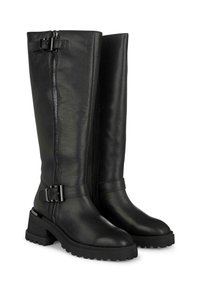 Botas de cuero negro hasta la rodilla con cremallera lateral, detalles de hebilla ajustables y un tacón grueso. Textura suave, suela de goma resistente.