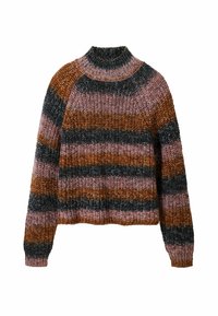 Maglione di maglia con collo alto, caratterizzato da strisce orizzontali in marrone, rosa e grigio scuro. Polsini e orlo a coste. Tessuto texturizzato.