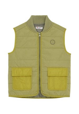 Olijfgroen mouwloos gewatteerd vest met rits aan de voorkant, geribbelde kraag, twee klepzakken en een klein rond logo op de borst.