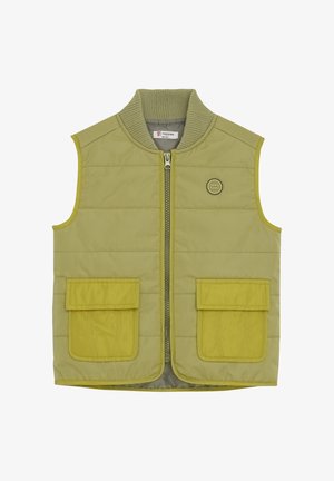 Olijfgroen mouwloos gewatteerd vest met rits aan de voorkant, geribbelde kraag, twee klepzakken en een klein rond logo op de borst.