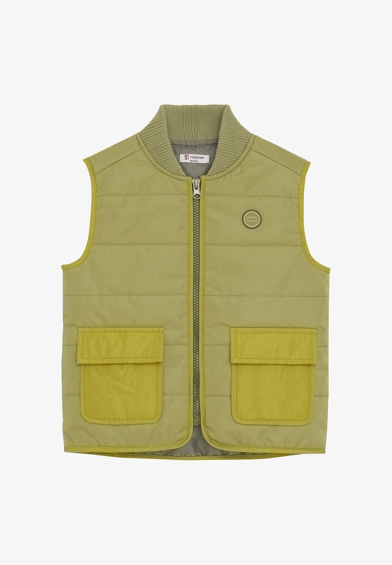 Olivgrüne ärmellose gepolsterte Weste mit Frontreißverschluss, geripptem Kragen, zwei Klappentaschen und kleinem, rundem Logo auf der Brust.