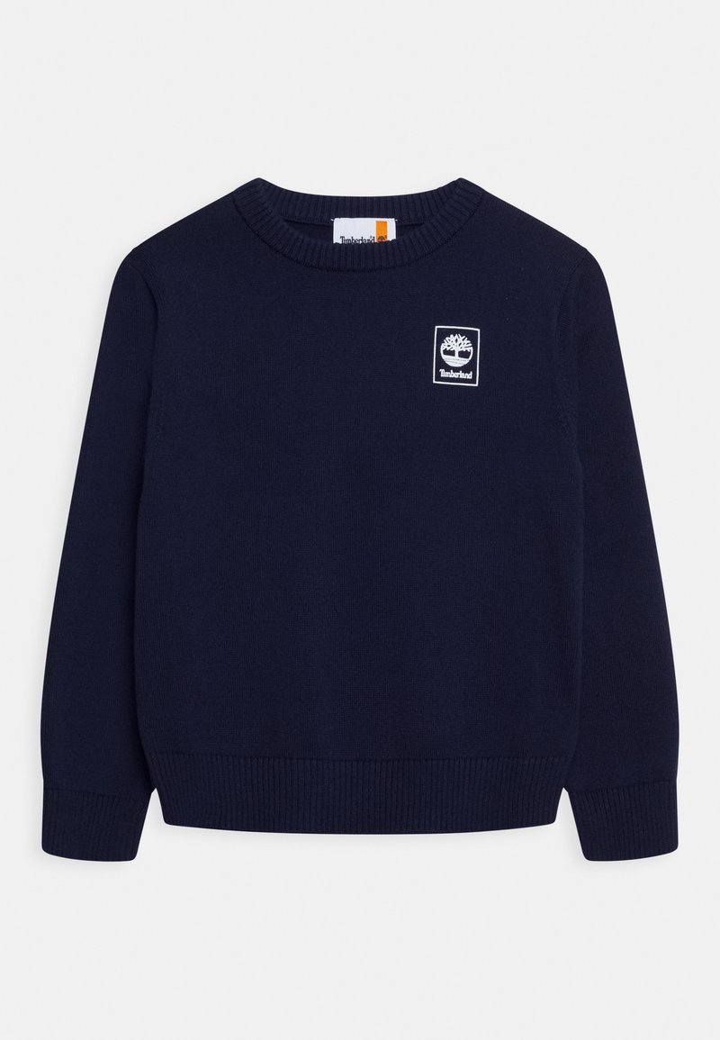 Jersey de punto azul marino con cuello redondo, puños y bajo de canalé, que presenta un parche con el logo blanco de Timberland en el pecho.