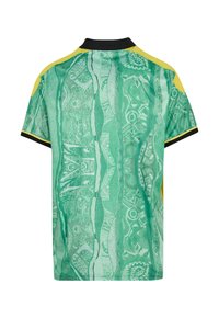 Rövid ujjú pólóing zöld mintázatú függőleges csíkokkal, sárga vállpanelek és fekete gallér valamint ujjak szélei.