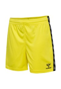 Gelbe Sportshorts aus leichtem Material, mit einem elastischen Bund, schwarzen Zickzackstreifen an den Seiten und Logodetails.