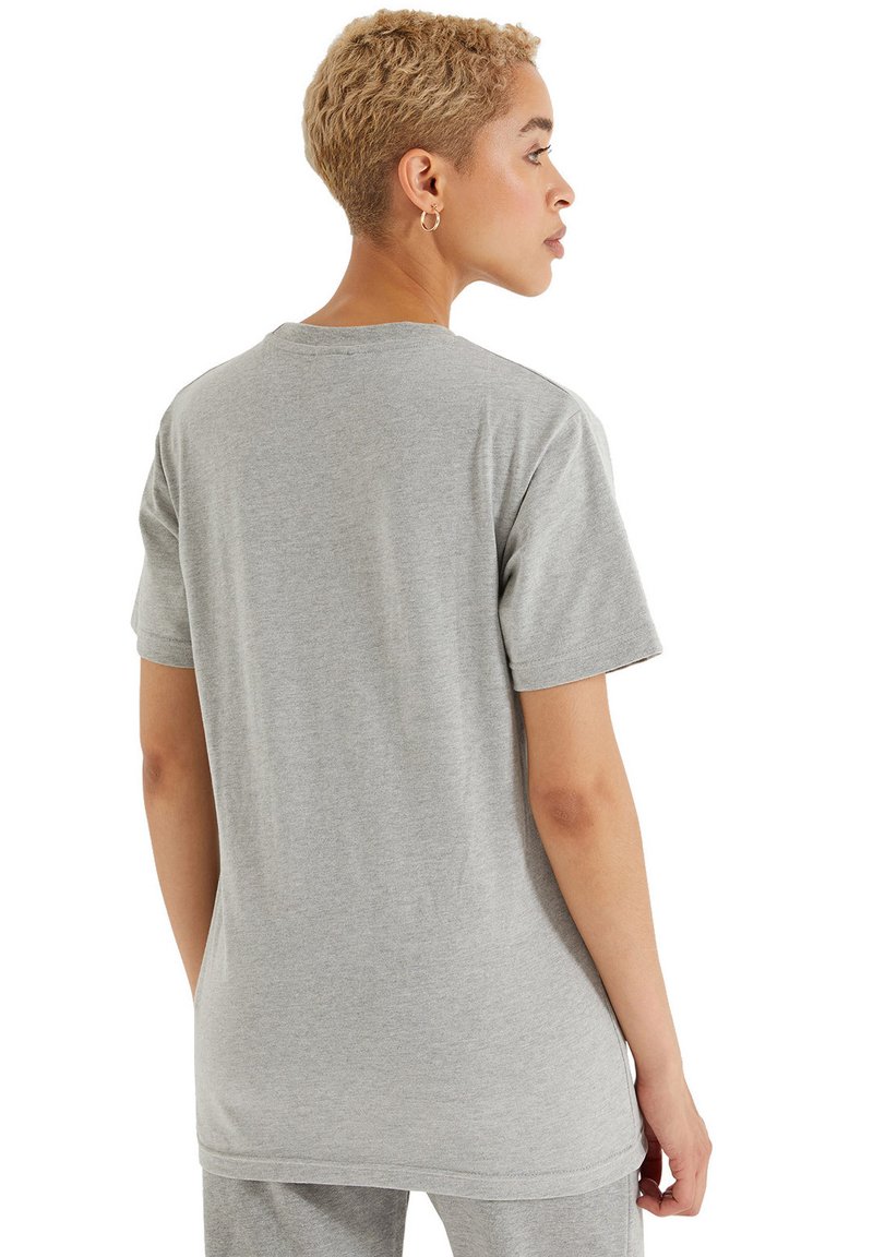 T-shirt en coton gris avec une coupe décontractée, des manches courtes et un col rond simple. Le dos est lisse, sans détails supplémentaires.