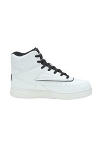 White high-top sneaker made of smooth leather, featuring black laces, perforated sides, and a textured rubber sole. Accents include a logo on the back.
