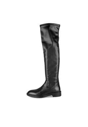 Botte en cuir noire jusqu'au genou avec talon bas et bout arrondi, vue de profil sur fond blanc.