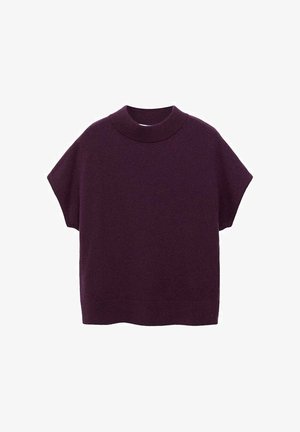 Kurzarm, lila gestricktes Oberteil mit hohem Kragen. Der Stoff wirkt glatt mit einem leichten Stretch, und der Saum ist sanft gerippt.