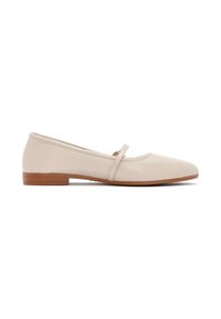 Beige leather ballet flats with a rounded toe, small strap across the front, and a low brown heel. Smooth texture and simple design.