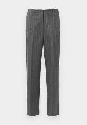 Grijze pinstripe broek met een getailleerde pasvorm, voorzien van een gladde textuur en een rechte pijpdesign. Inclusief riemlussen en voorzakken.