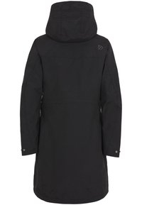 Manteau d'hiver long noir avec capuche, manches longues et petit logo en haut du dos côté droit, vu de dos.