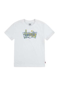 Camiseta de algodón blanca con un diseño gráfico colorido que incluye cactus y luz solar, con la marca "Levi's" en azul y amarillo en la parte frontal.