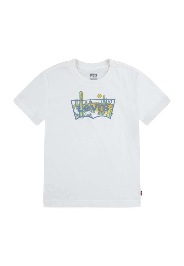 Camiseta de algodón blanca con un diseño gráfico colorido que incluye cactus y luz solar, con la marca "Levi's" en azul y amarillo en la parte frontal.