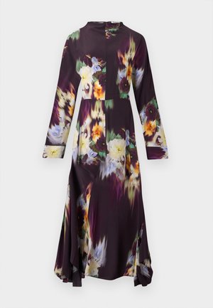 Vestido de manga longa em tecido roxo escuro com um padrão floral apresentando acentos em branco, amarelo e verde. Silhueta evasê com decote redondo.