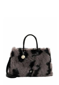 Faux fur handbag featuring brown and black patterns, black leather handles, and a silver charm attached. Rectangular shape with soft texture.