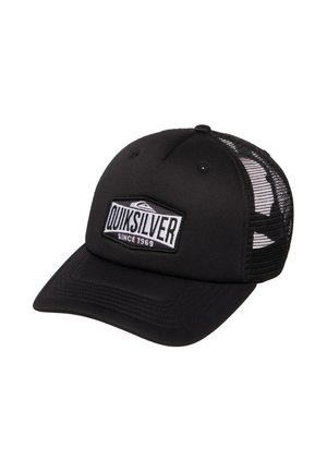 Casquette trucker noire en mesh avec visière incurvée et écusson avant avec le logo Quiksilver depuis 1969.