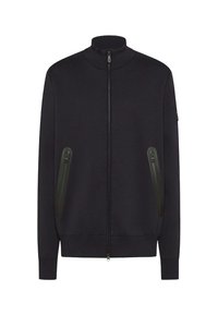 Felpa zip con colletto alto di colore blu navy, dotata di due tasche con zip nere, polsini e fondo a costine, e tessuto morbido.