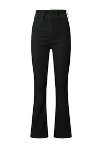 Black flared jeans made of stretchy cotton blend, featuring two front pockets, a zipper fly, and two back pockets. Smooth texture.